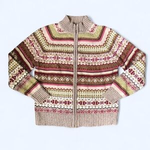 Vintage 90s Y2K Fair Isle Nordic Grandma Granny Cardigan Sweater Lopapeysa Zip
